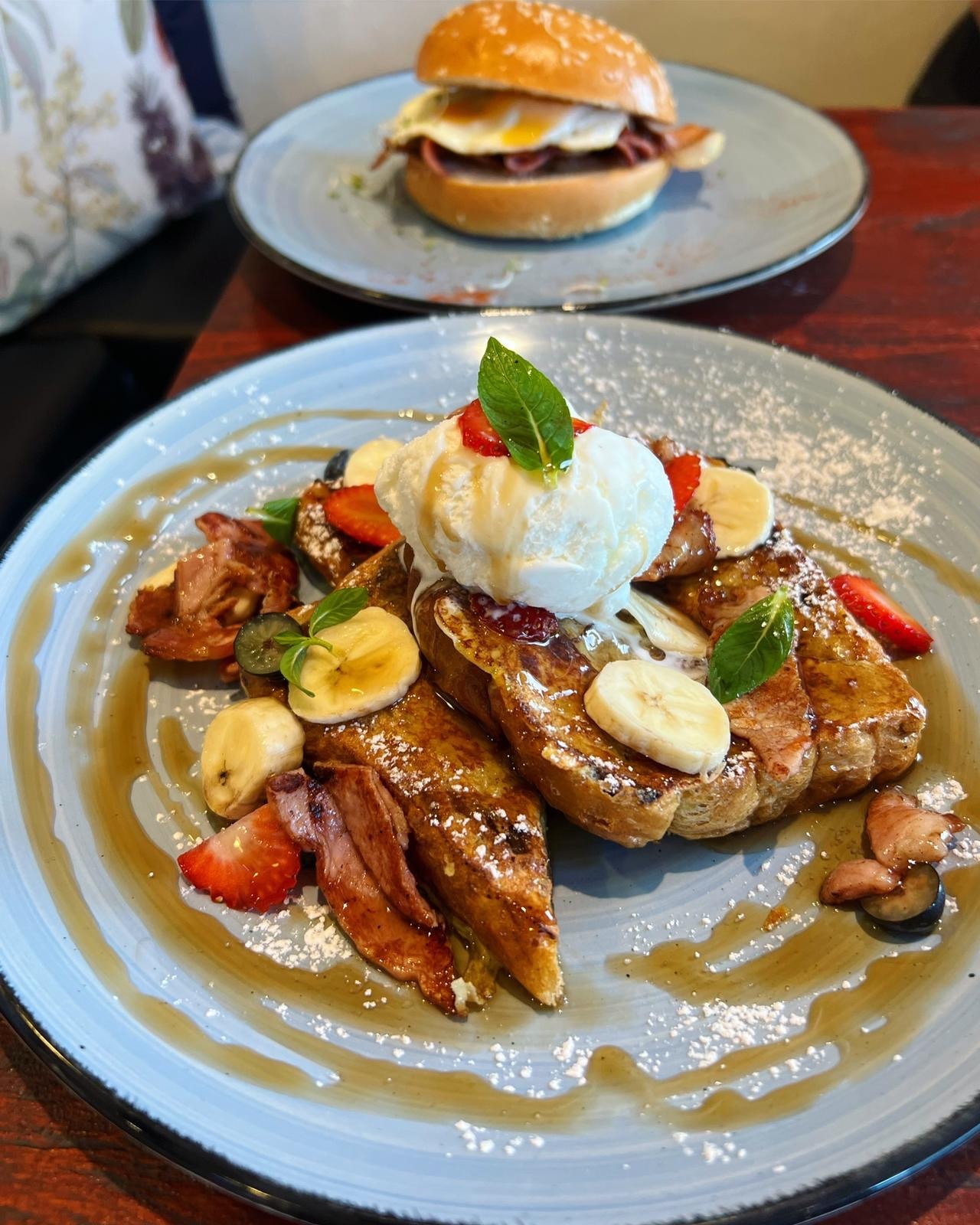 French toast with bacon, banana and a scoop of ice cream